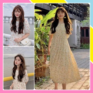 Váy hoa nhí vintage nữ cổ vuông dáng dài ulzzang Đầm maxi dự tiệc