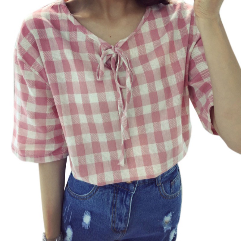 Áo Thun Lửng Ngắn Tay Họa Tiết Sọc Caro Cho Nữ