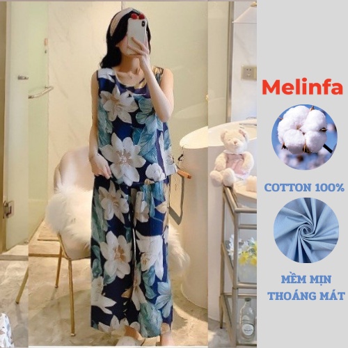 Bộ đồ ngủ nữ, bộ ba lỗ quần dài xuông rộng chất vải lanh lụa cotton thoáng mát nhiều màu mã BD0234