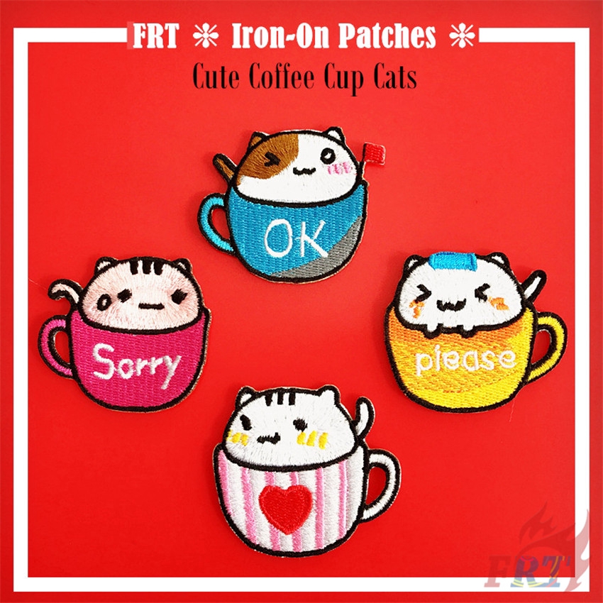 Set 1/4 miếng vá thêu/ủi quần áo họa tiết cốc nước mèo hoạt hình đáng yêu DIY