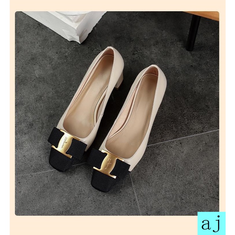 Đôi giày cao gót mũi vuông đính nơ thời trang mùa xuân thu dành cho nữ 2021