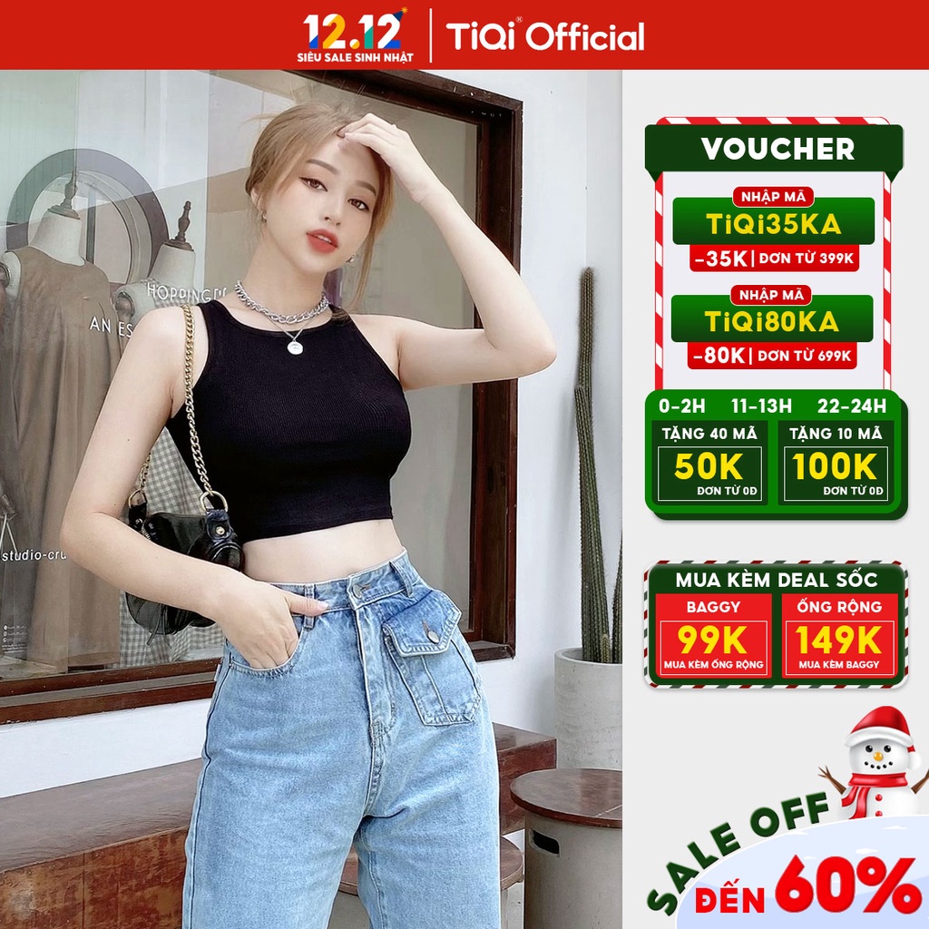 Áo croptop ulzzang 2 dây bảng lớn vải thun cotton TiQi Jeans A132