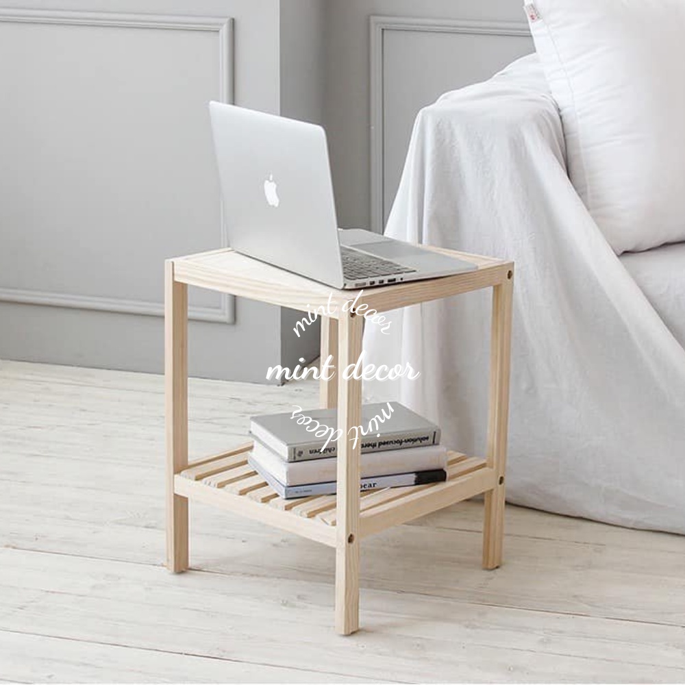 Tab đầu giường thông minh nhỏ gọn gỗ thông tự nhiên hiện đại 2 tầng