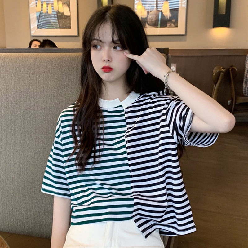 [Mã FAMAYWA giảm 10K đơn 50K] Áo thun tay ngắn họa tiết kẻ sọc dễ thương phong cách Hàn Quốc thời trang cho nữ 290 | BigBuy360 - bigbuy360.vn