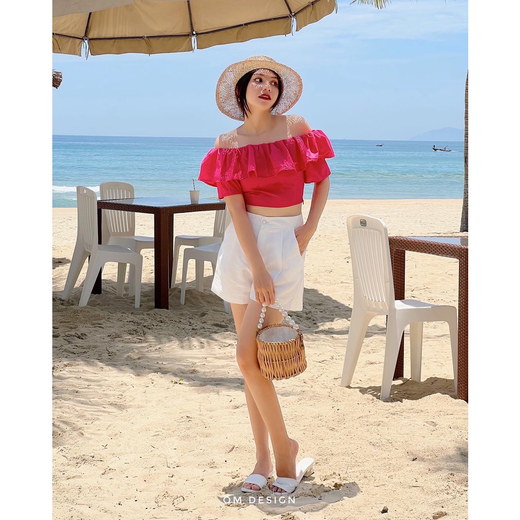 Áo crop ngang vai hồng sen