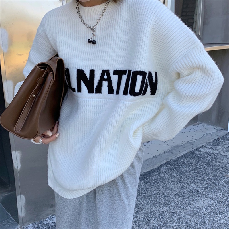 Áo sweater Pure Cube dệt kim cổ cao dáng rộng in chữ kiểu Hàn Quốc thời trang mùa đông mới cho nữ