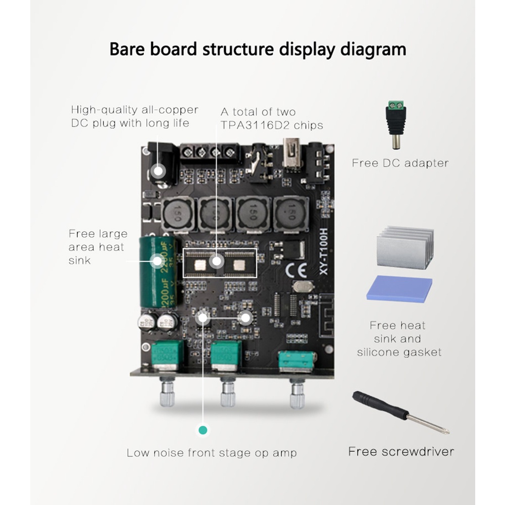 PCBFUN  TPA3116D2 Mô đun  Khuếch đại âm Thanh T100H Bluetooth 5.0 100Wx2 Chuyên Dụng