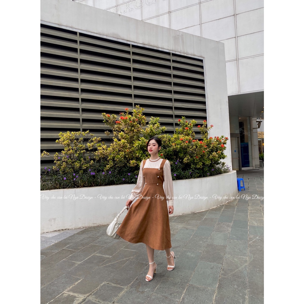 V18 Nga Design Váy có khóa cho con bú nhung nâu tây che bụng đẹp