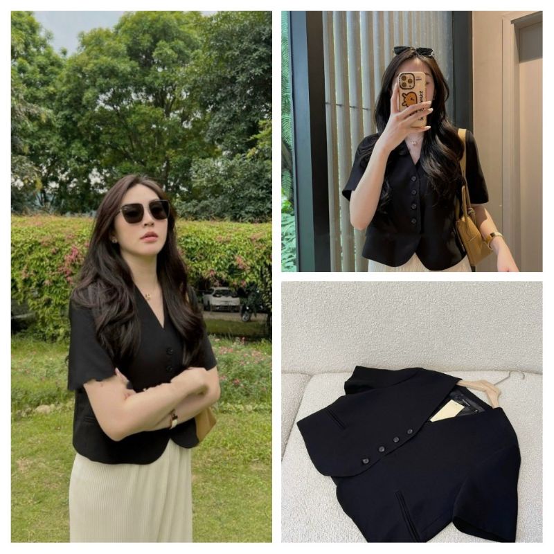 SP 1505-Áo vest đen cộc tay cổ V dáng lỡ style Hàn Quốc trẻ trung năng động (40-60kg)- có buôn sỉ