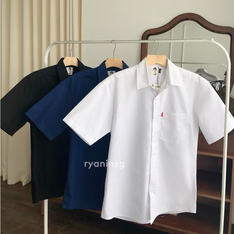 Áo sơ mi nam ngắn tay trơn cổ sơ mi basic đen, trắng navy RYAN form rộng Hàn Quốc chất sơ mi cotton cao cấp - Benn shirt