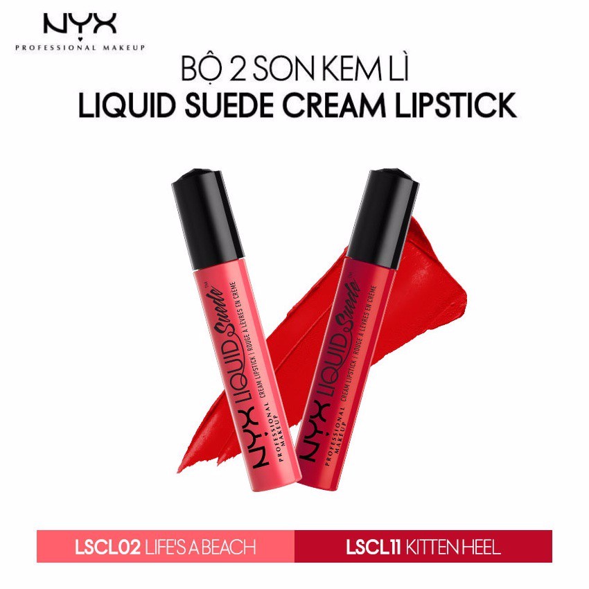 Bộ 2 son kem lì chính hãng NYX Liquid Suede Cream Lipstick Life's a beach &amp; Kitten Heel