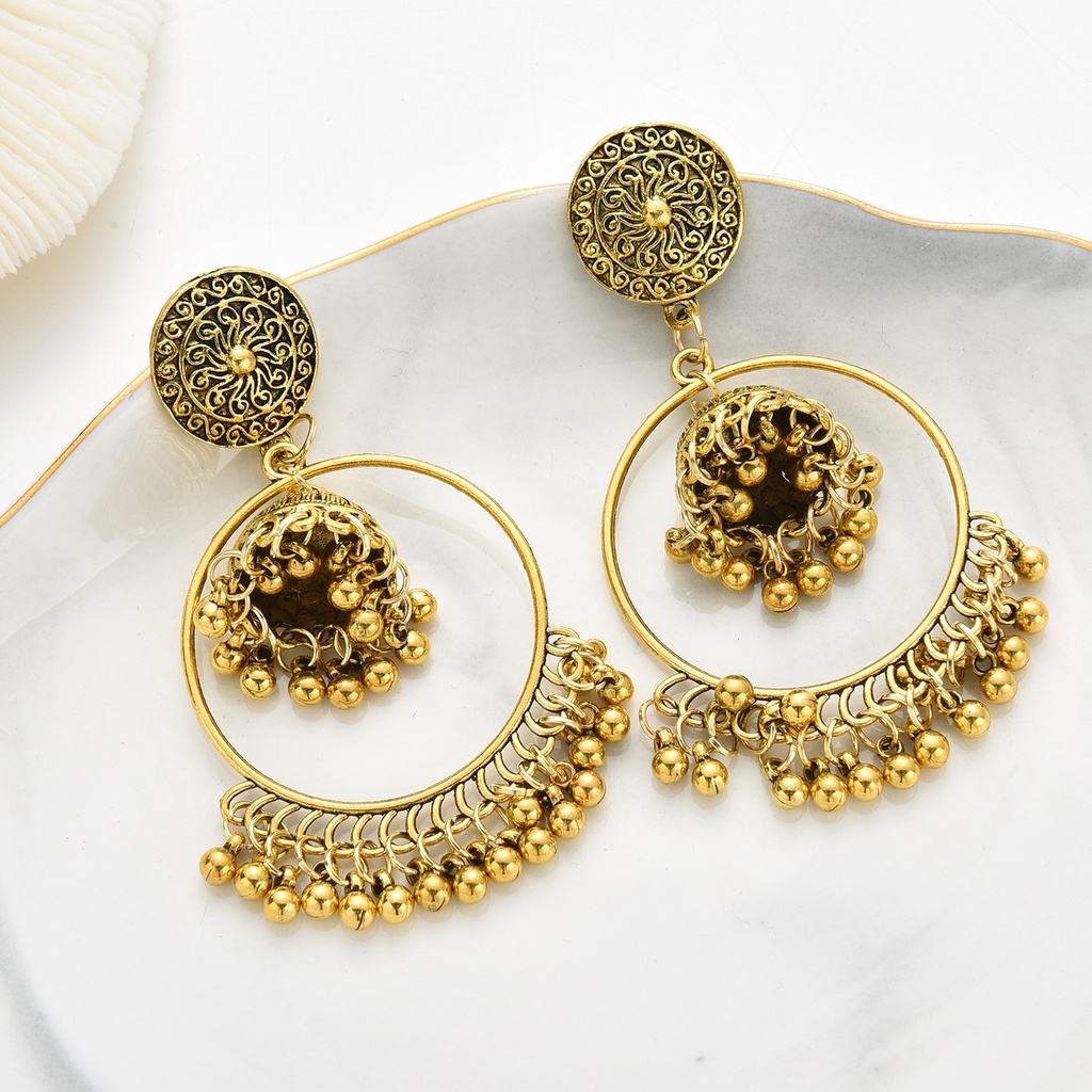 Bông tai đôn hoàng thả dài phong cách boho, Mông Cổ - Tây Tạng