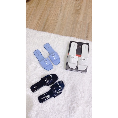 Dép lê nữ bệt thời trang da gắn tag prada đế kép siêu mềm