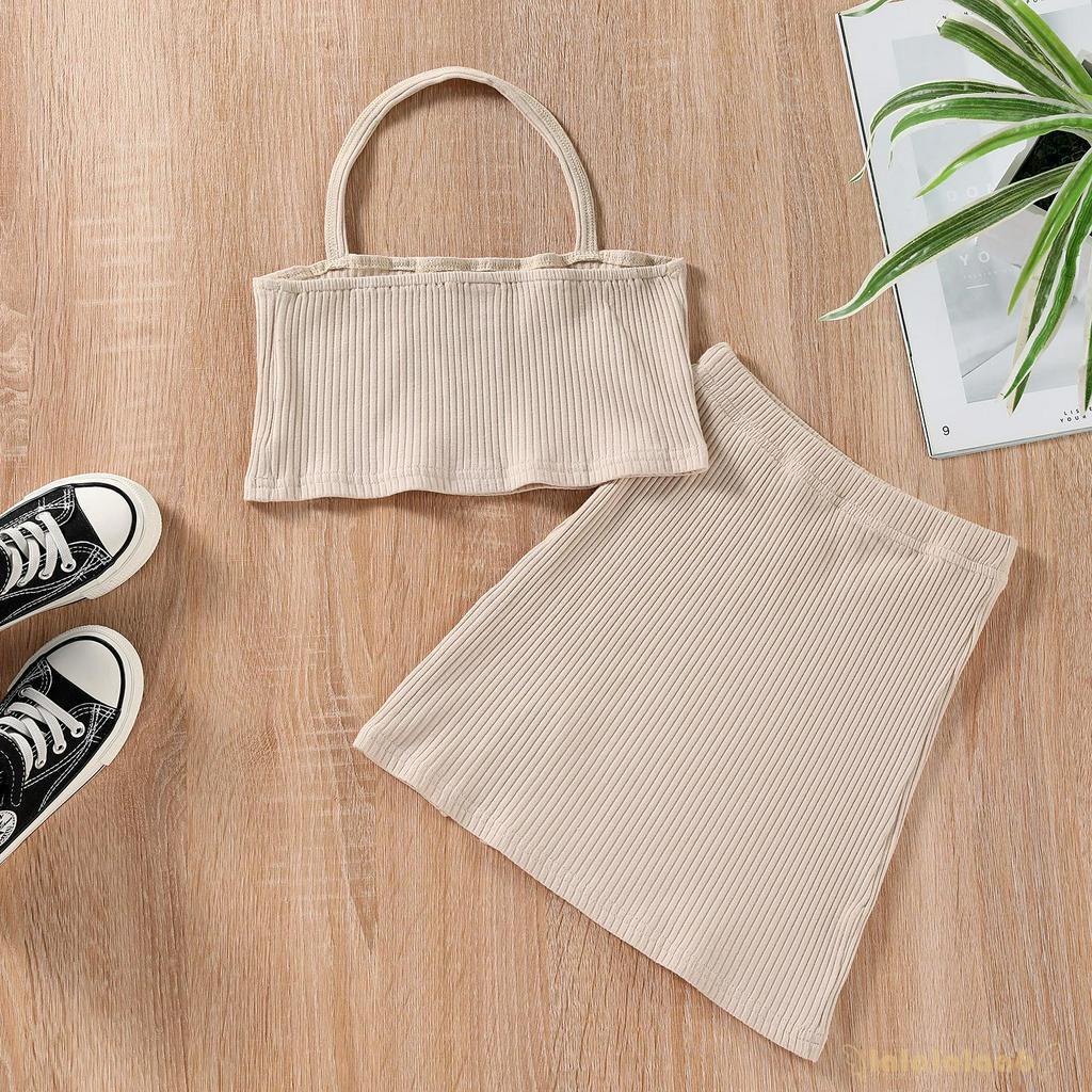 Bộ Áo Cổ Yếm Không Tay Và Chân Váy Xẻ Tà Thời Trang Hè Thoải Mái Cho Bé Gái 2-7 Tuổi