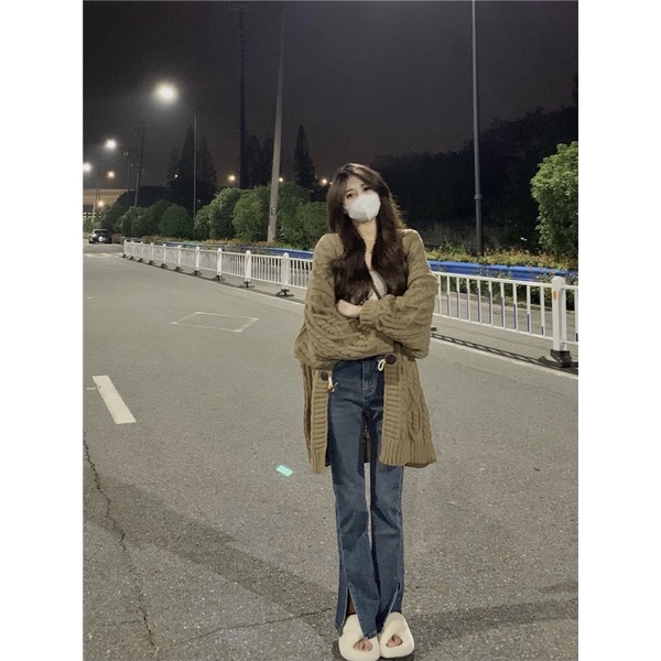 Áo cardigan len thừng dáng lửng màu nâu