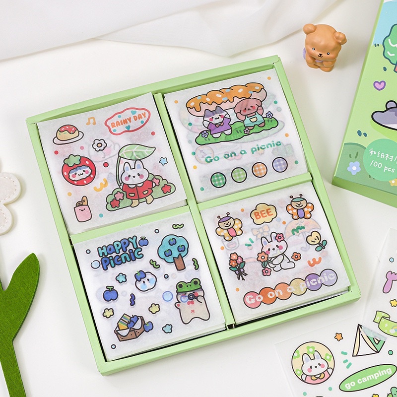 🌸 Set 100 tấm sticker nhãn dán trang trí chất liệu giấy họa tiết dễ thương🌸