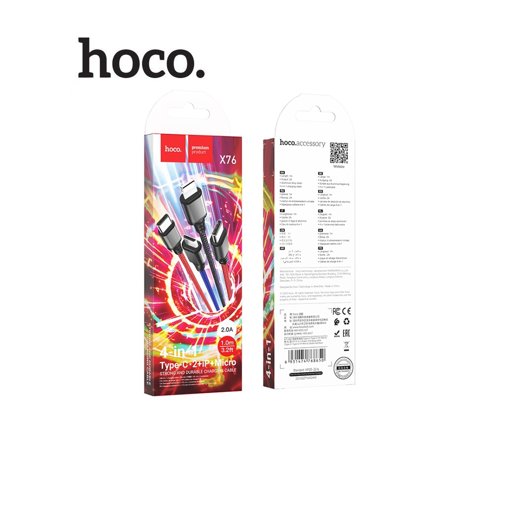 Cáp sạc đa năng 3 màu Hoco X76 4-in-1 2Type-C + Lightning + Micro hổ trợ sạc 2.0A dây dù siêu bền dài 100cm (3 MÀU)