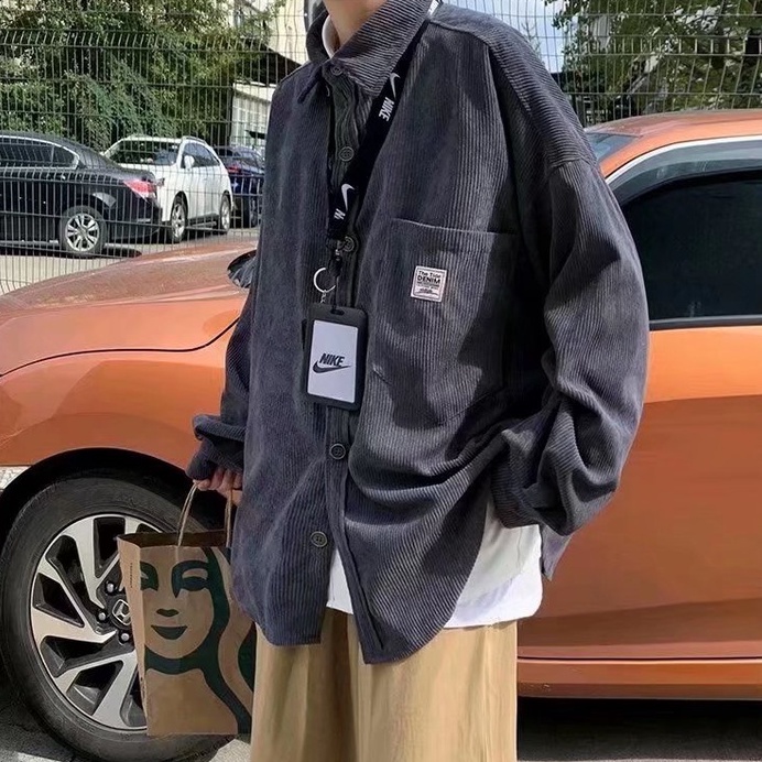 Áo sơ mi nam tay dài kẻ sọc thời trang Phong cách Hàn Quốc Plus Size Đơn giản Gấp trên Cổ áo Áo khoác Unisex