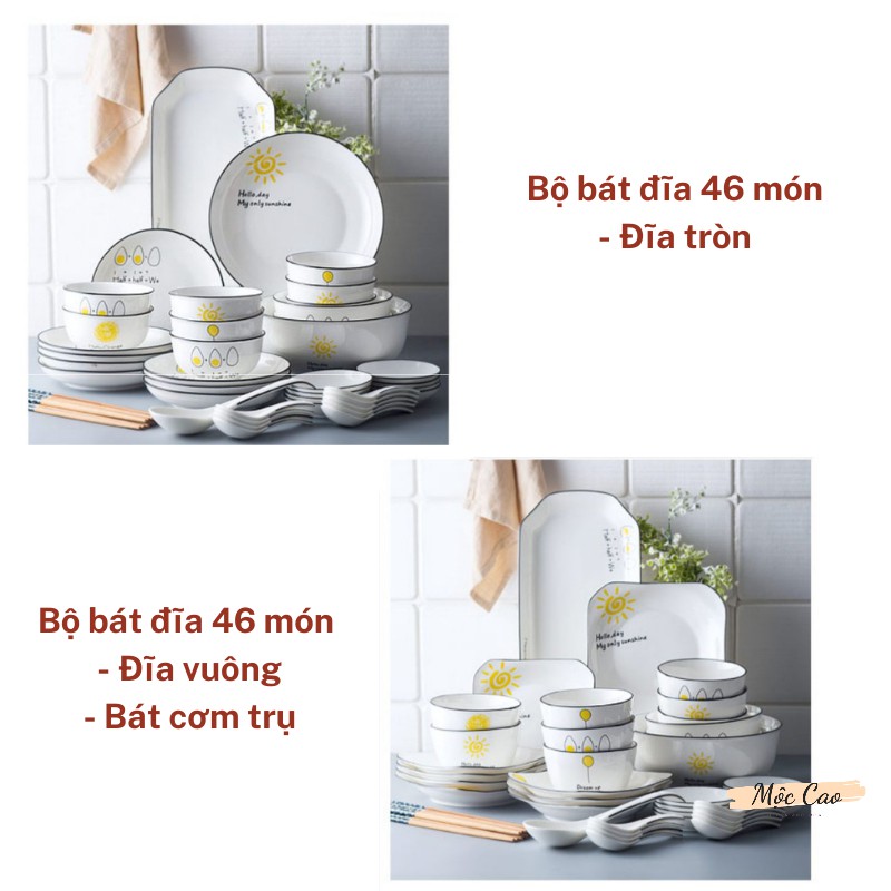 Bộ bát đĩa sứ, set bát đĩa họa tiết mặt trời – bộ 38 món và 46 món dùng cho 8 người, bát đĩa decor phụ kiện bàn ăn