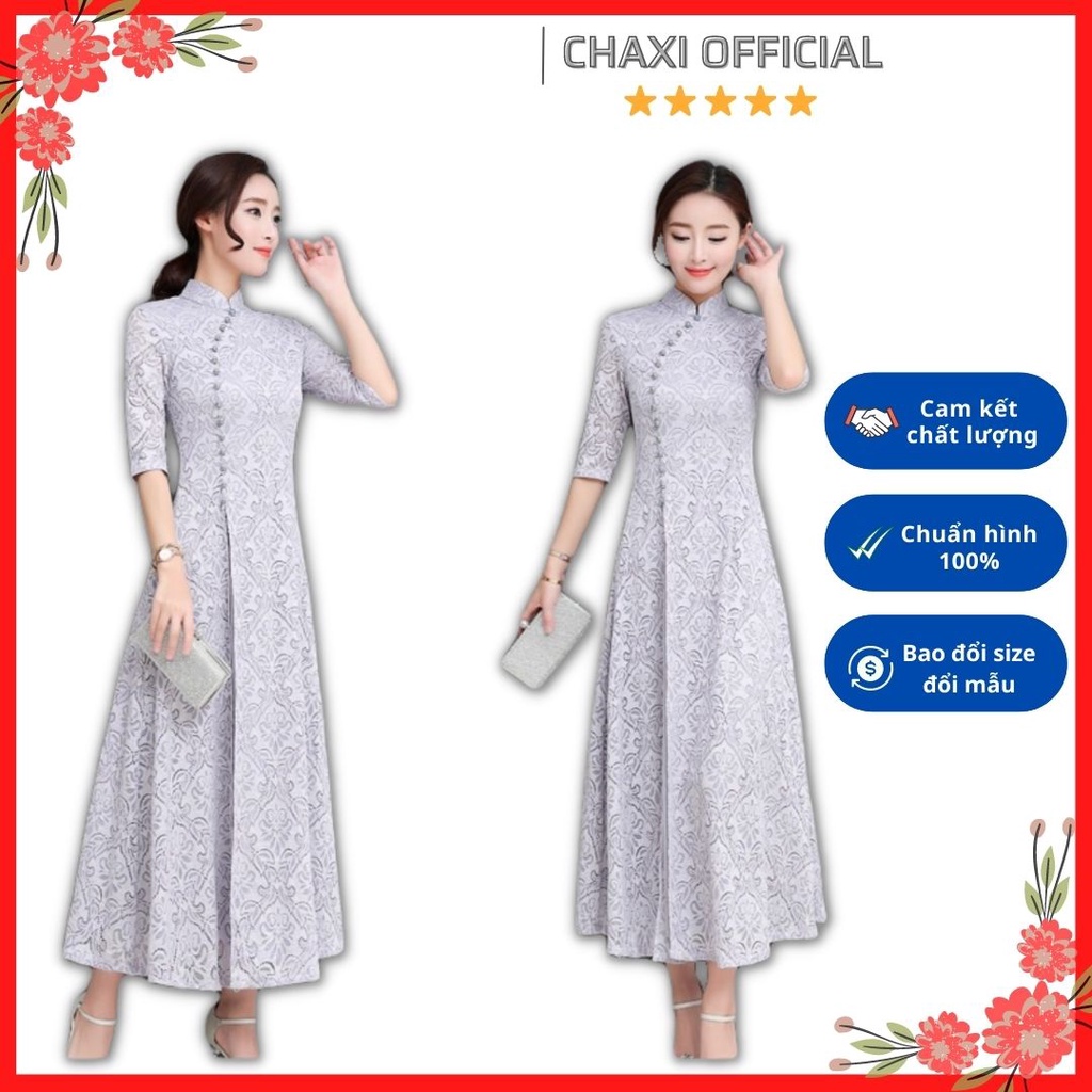 Áo dài cách tân ren hoa chân váy xòe may liền màu ghi xám siêu sang - SX09365 - Hàng Quảng Châu