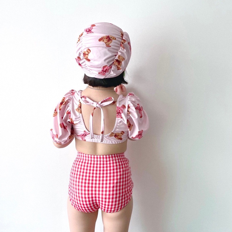 Bộ Đồ Bơi Hai Mảnh Áo Tay Ngắn Và Quần Ngắn Họa Tiết Gấu Hoạt Hình Phong Cách Hàn Quốc Thời Trang Mùa Hè Cho Bé Gái