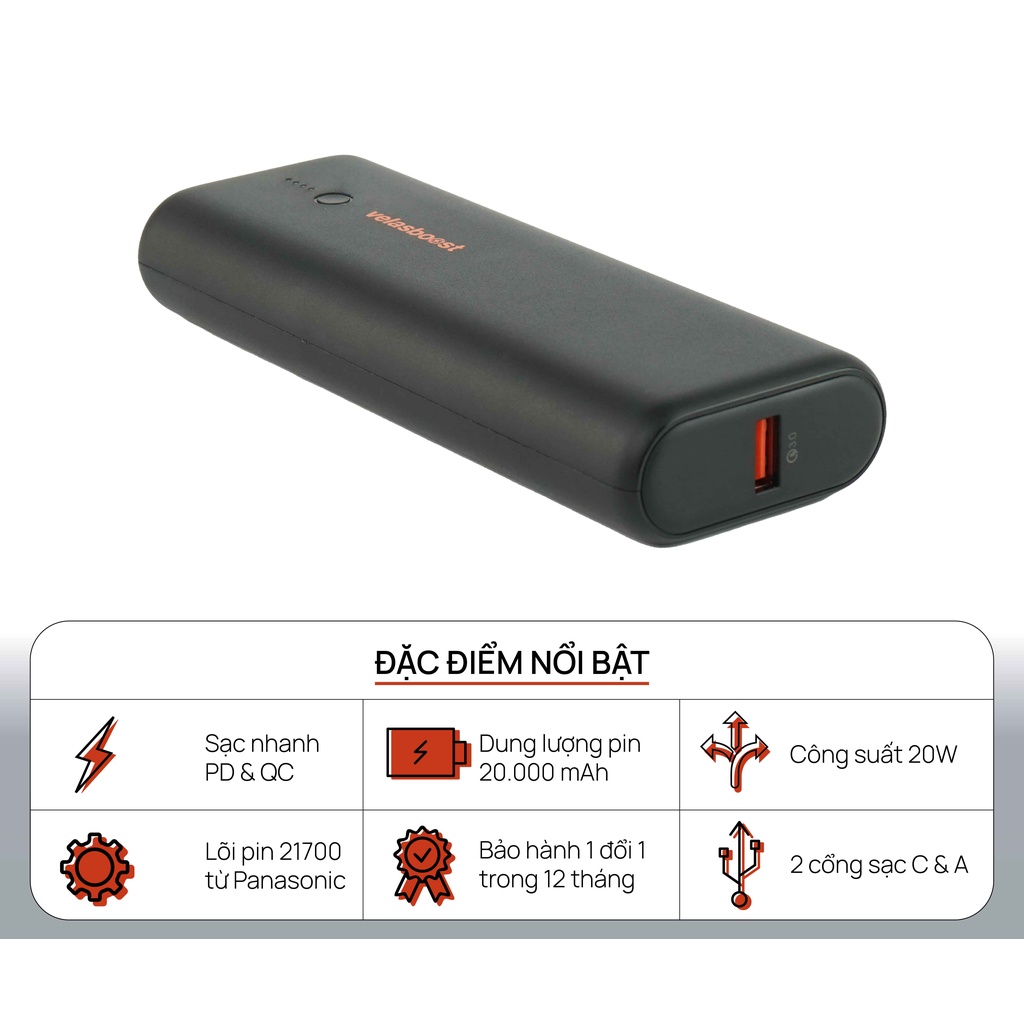Sạc dự phòng Velasboost Dynamic 2 - 20.000 mAh, chính hãng bảo hành 12 tháng
