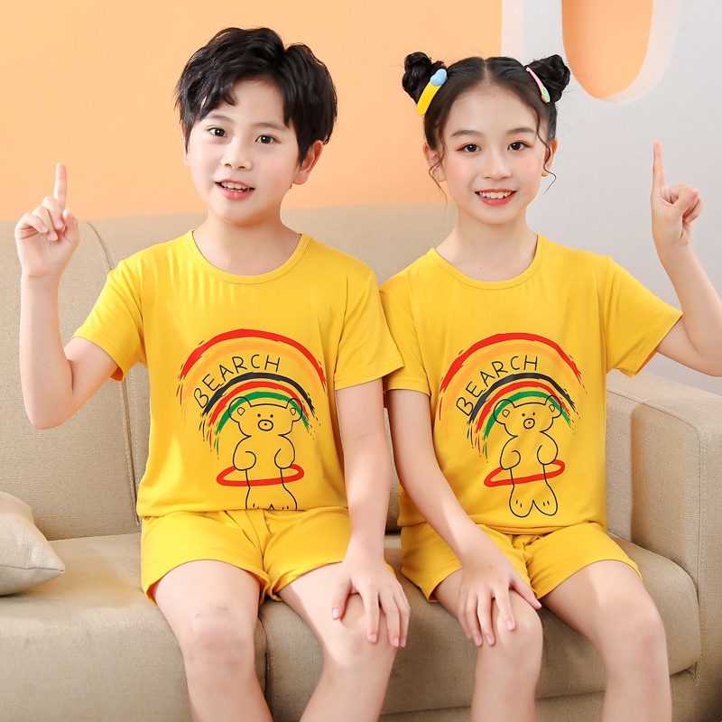 Bộ Đồ Ngủ Tay Ngắn Thoáng Khí In Họa Tiết Hoạt Hình Phong Cách Hàn Quốc Dễ Thương Cho Bé 90-160cm
