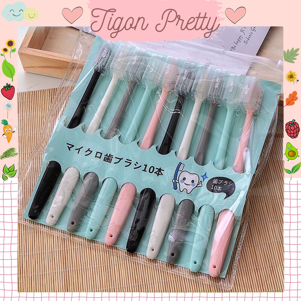 Set 10 Bàn Chải Đánh Răng Hàn Quốc Có Nắp Tặng Kèm Túi Zip Kháng Khuẩn .