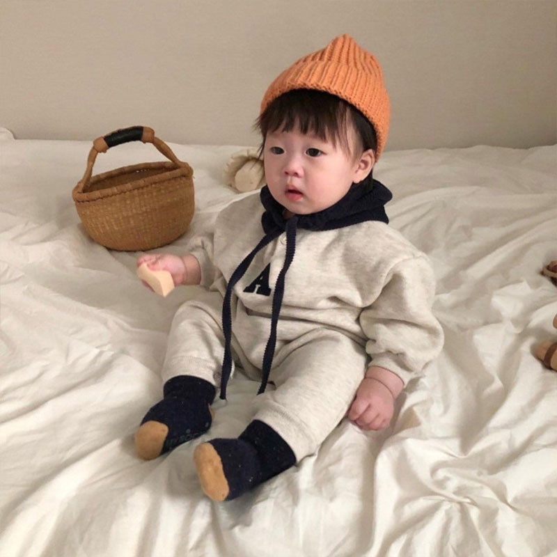 Bộ Áo Liền Quần Chữ A Có Mũ Trùm Thêu Họa Tiết Phong Cách Hàn Quốc Thời Trang Xuân Thu Cho Bé Trai Và Gái X9IS