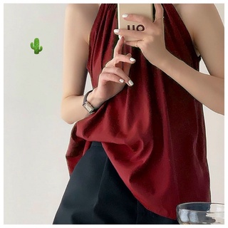[Dưới 60kg] Áo cổ yếm phi lụa đỏ form suông có zip sau sang chảnh PC