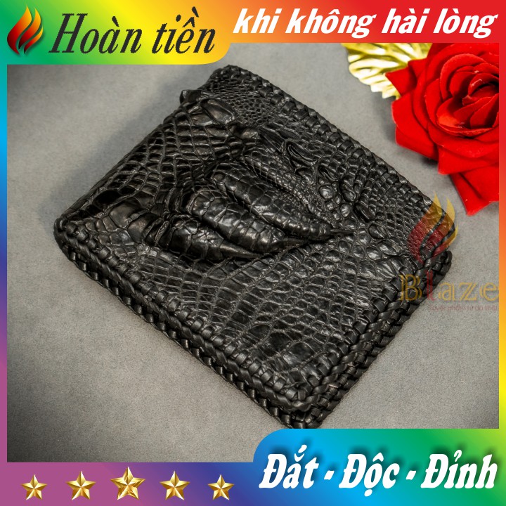 Ví Da Cá Sấu 2 Mặt Đan Viền Vân Vuốt - Bóp Da Cá Sấu Đan Viền Cao Cấp BLAZE | Ngang | Đen