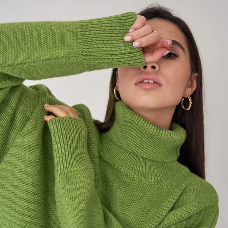 Áo Sweater Dệt Kim Tay Cánh Dơi Cổ Lọ Dáng Rộng Thời Trang Cho Nữ