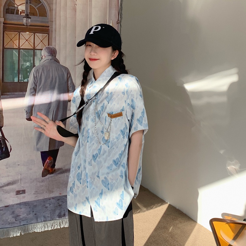 SUXI Áo sơ mi tay ngắn dáng rộng in thời trang mùa hè phong cách Hàn Quốc cho nữ