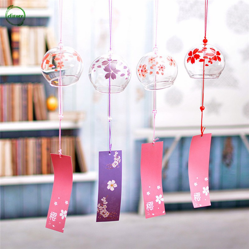 Chuông gió thủy tinh Furin mẫu HỒNG ĐÀO CÓ MŨ quà tặng Nhật Bản trang trí bàn học nhà cửa