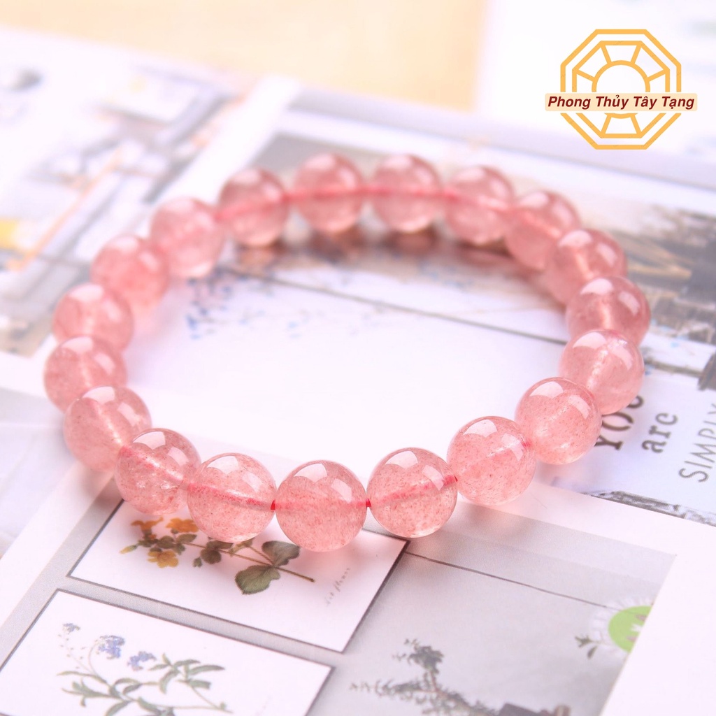 Vòng tay phong thủy đá T Anh Dâu Tây Hồng [TẶNG HỘP GỖ CAO CẤP] may mắn cho nữ mệnh Hỏa Thổ - Phong Thủy Tây Tạng