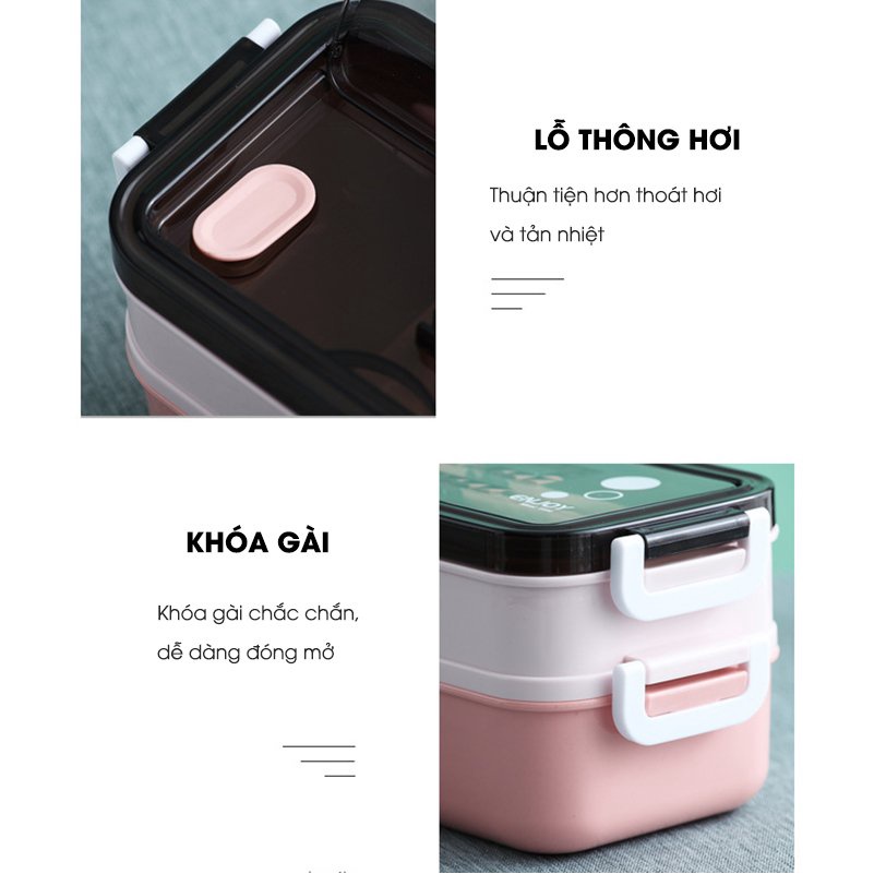 Hộp Cơm Văn Phòng 2 Tầng Nhựa PP5 Cao Cấp Giữ Nhiệt Sử Dụng Lò Vi Sóng Kèm Bộ Muỗng Đũa Nĩa