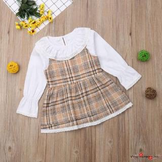 ✿Sc♚Sweet Vintage Kids Baby Girl Lovely Retro Lace Plaid Party Dress