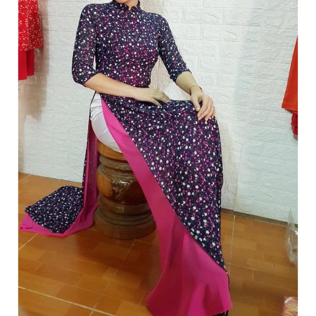 Áo dài hoa nhí 4 tà siêu đẹp ak.