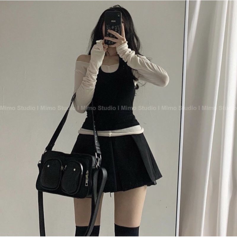 [SẴN]-Áo cardigan xám mỏng/ Áo bra ren hoa/ Váy xếp ly bảng lớn xoè xám | BigBuy360 - bigbuy360.vn