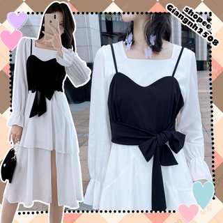 V014 Váy trắng yếm đen nơ ngực vintage công chúa, đầm xòe cổ vuông 2 tầng xẻ chân tay bồng dáng dài retro tiểu thư xinh