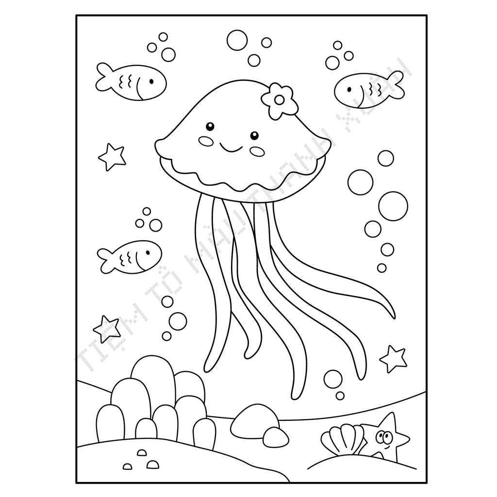 Set 20 Tờ Tranh Tô Màu Hình Sứa Jellyfish Cute Tô Màu Sáp, Màu Chì - Tiệm Tô Màu Thanh Xuân
