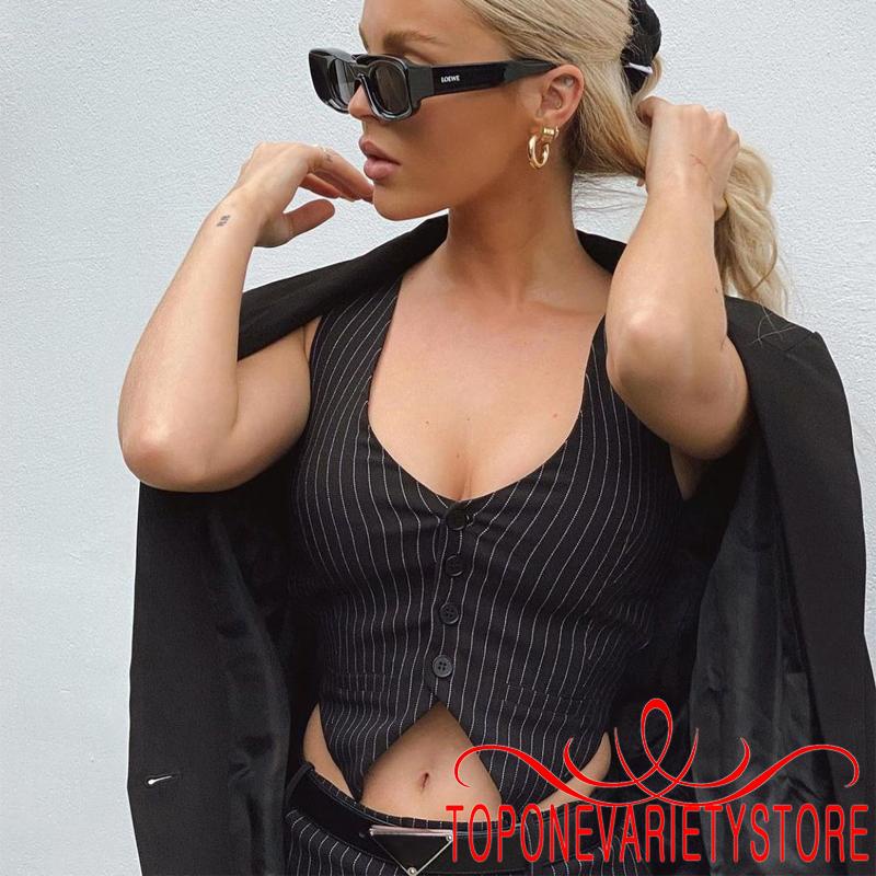 Set áo tank top cổ chữ V + chân váy chữ A màu đen kẻ sọc thời trang cho nữ
