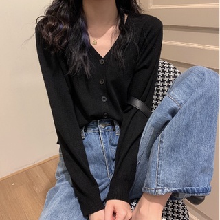 Áo thun khoác nhẹ cardigan nữ thu đông madela khuy cúc cổ tim, áo thun cardigan nữ dài tay