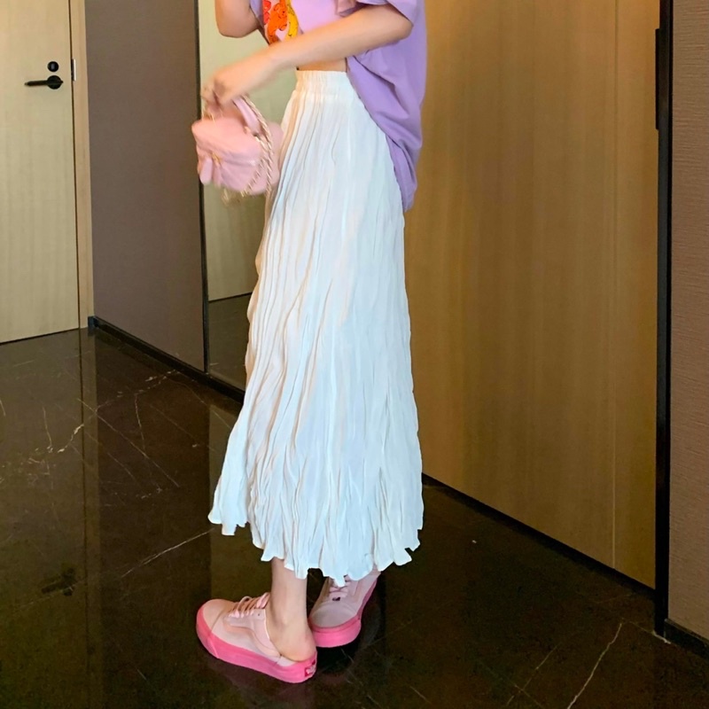 Urihouse - Chân váy nhăn xoè dáng dài midi cạp cao chun màu đen, màu trắng có lớp lót phía trong