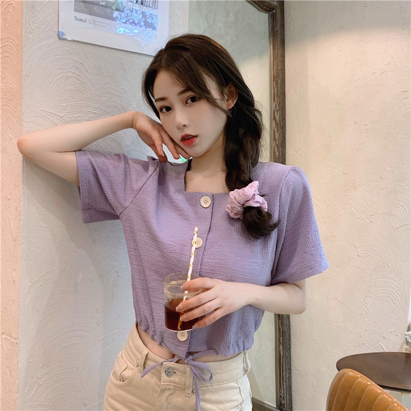 Áo Sơ Mi Tay Ngắn Cổ Vuông Màu Trơn Phong Cách Hàn Quốc