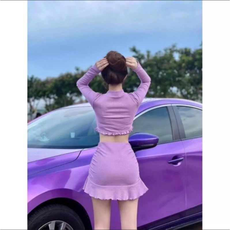 Sét áo croptop tay dài + Chân váy ôm body nhún đuôi cá