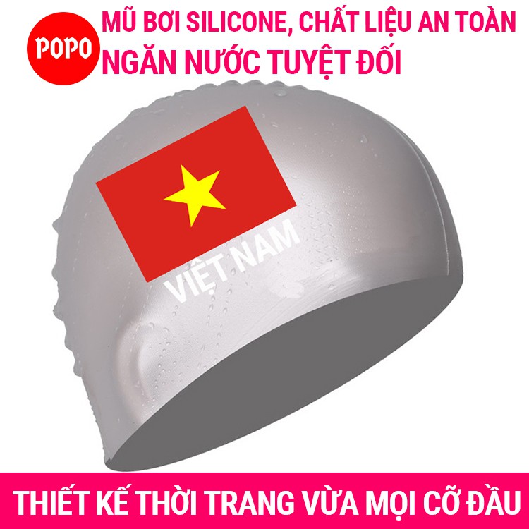 Mũ bơi người lớn silicone CA40 chính hãng POPO in Cờ Việt Nam nón bơi người lớn  ngăn nước dùng thi đấu tập bơi