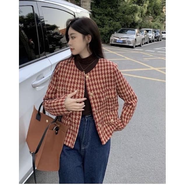 Áo khoác dạ tweed đỏ đen dáng ngắn họa tiết răng sói phối cúc (có ảnh thật)