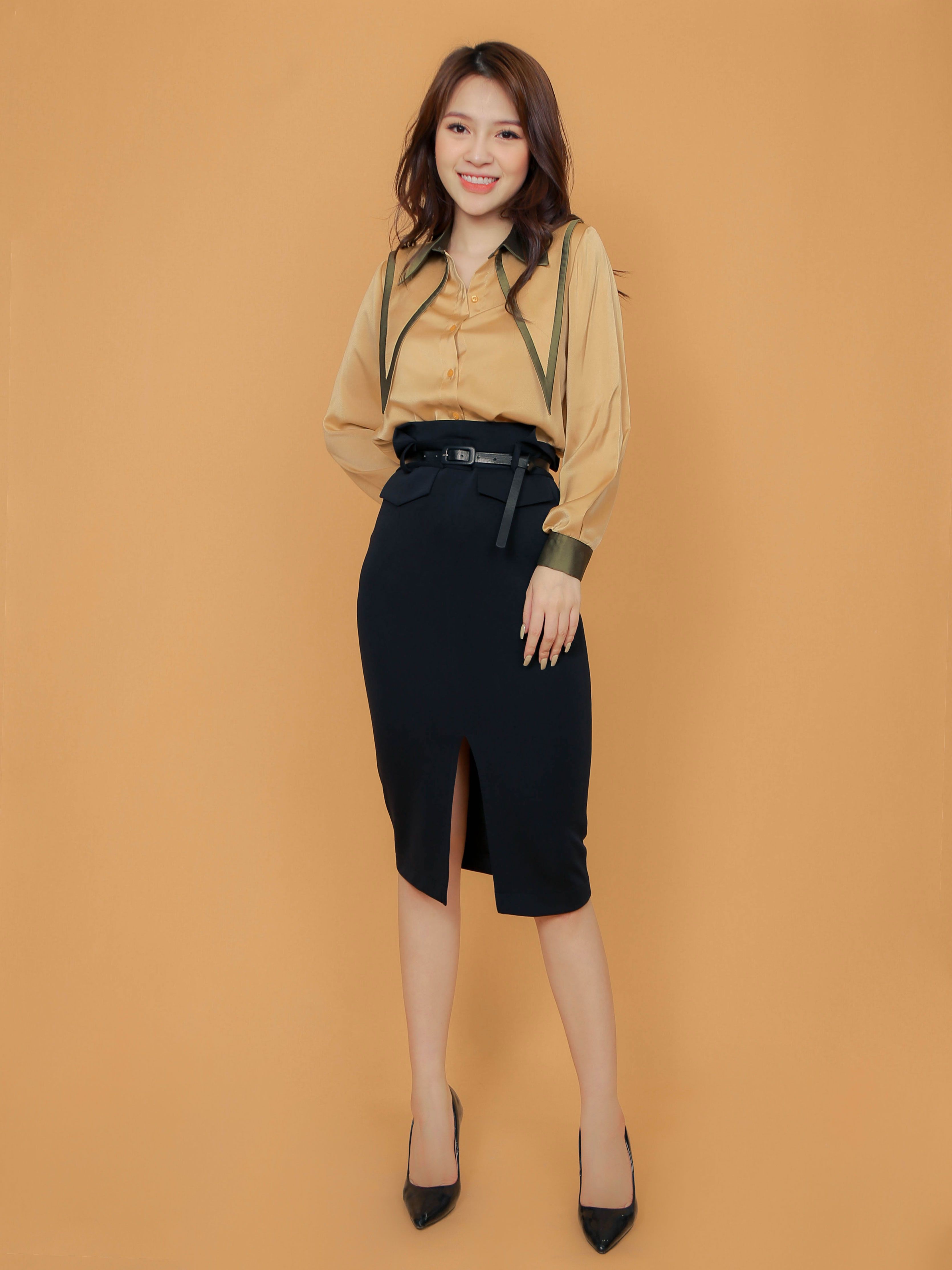 Áo kiểu nữ Vàng họa tiết Viền Xanh form công sở thanh lịch Liin Clothing SM3043