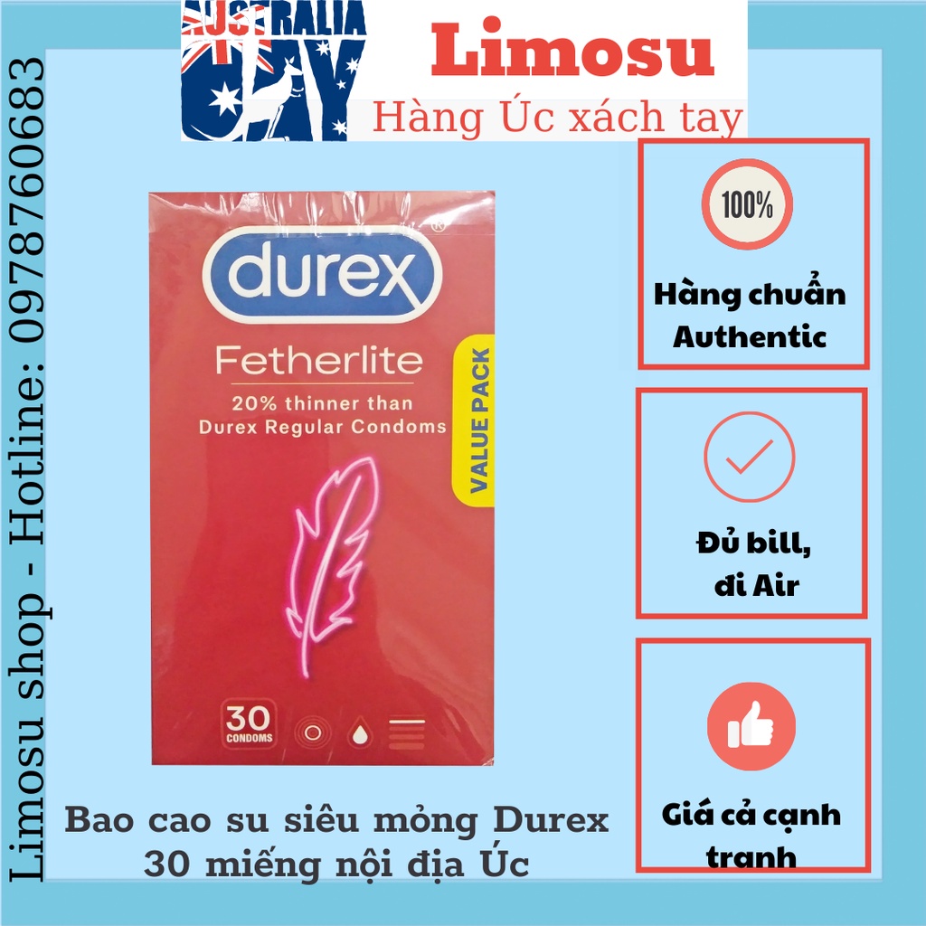 [HÀNG ÚC] Bao cao su siêu mỏng Durex 30 miếng nội địa Úc Limosu